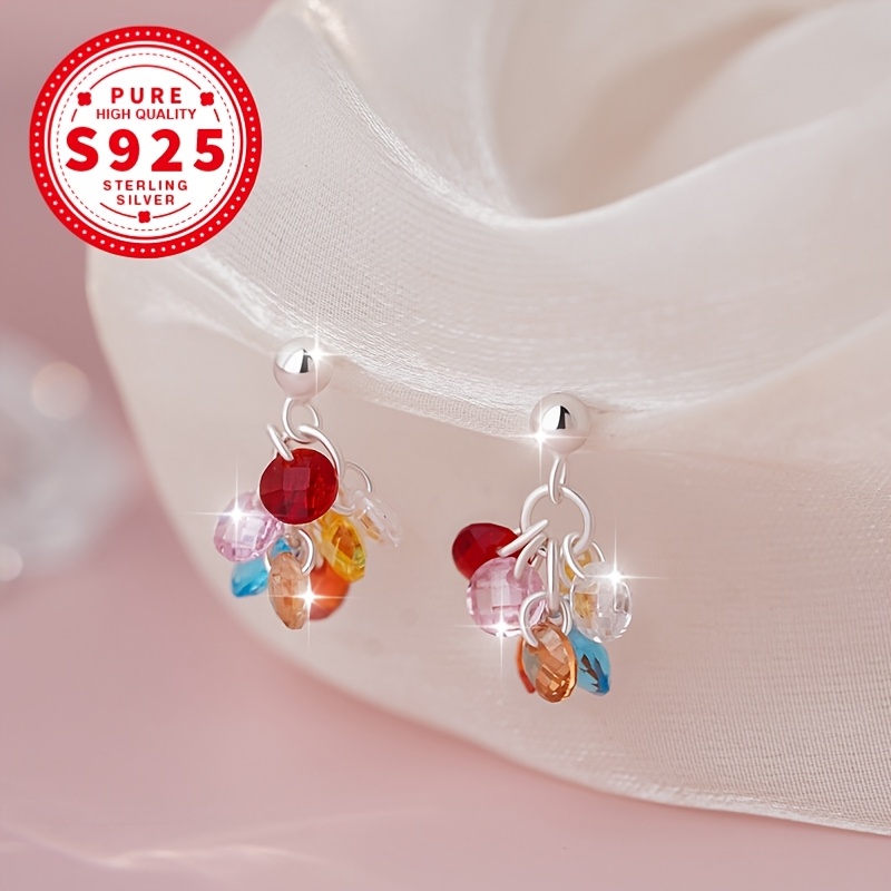 Women's S925 Colorful Round Synthetic Zirconia Stud Earrings